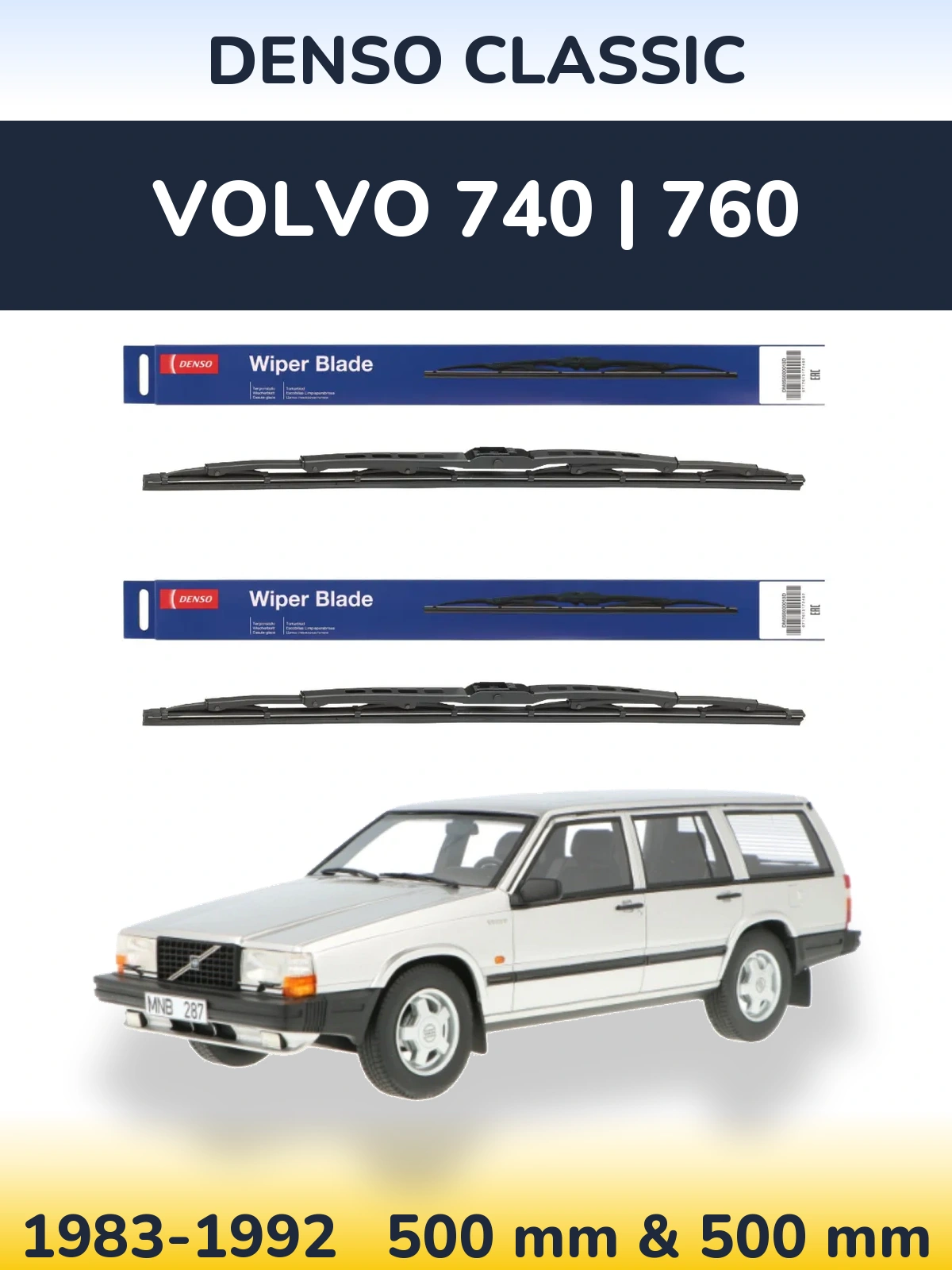 Front wiper blade set Denso Classic 500 & 500 mm for Volvo 740 | 760 1983-1992