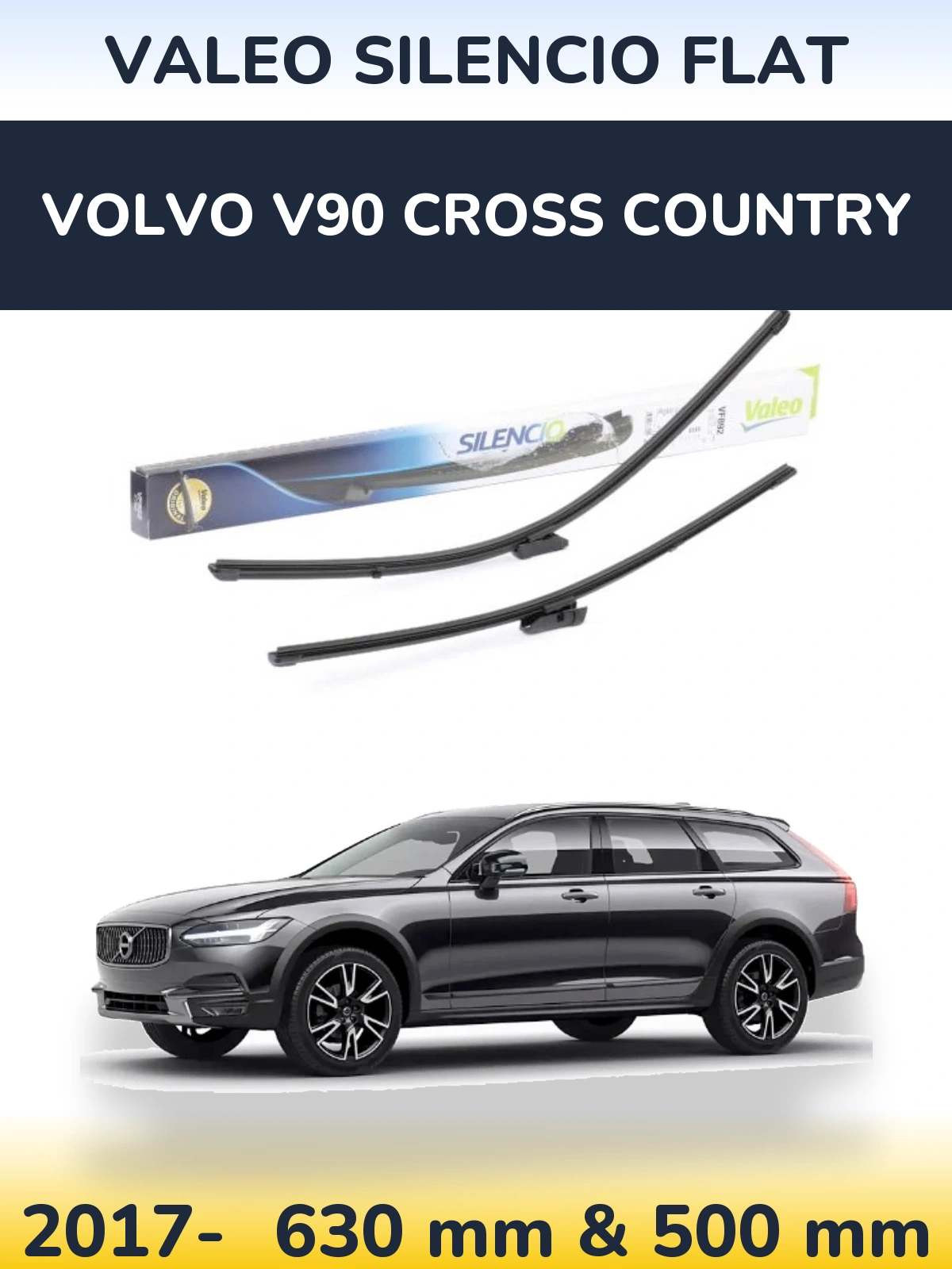 Front wiper blade set Valeo Silencio Flat 630 & 500 mm for Volvo V90 Cross Country 2017-2026