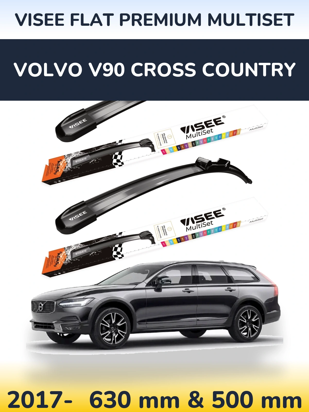 Front wiper blade set VISEE FLAT PREMIUM MultiSet 630 & 500 mm for Volvo V90 Cross Country 2017-2026