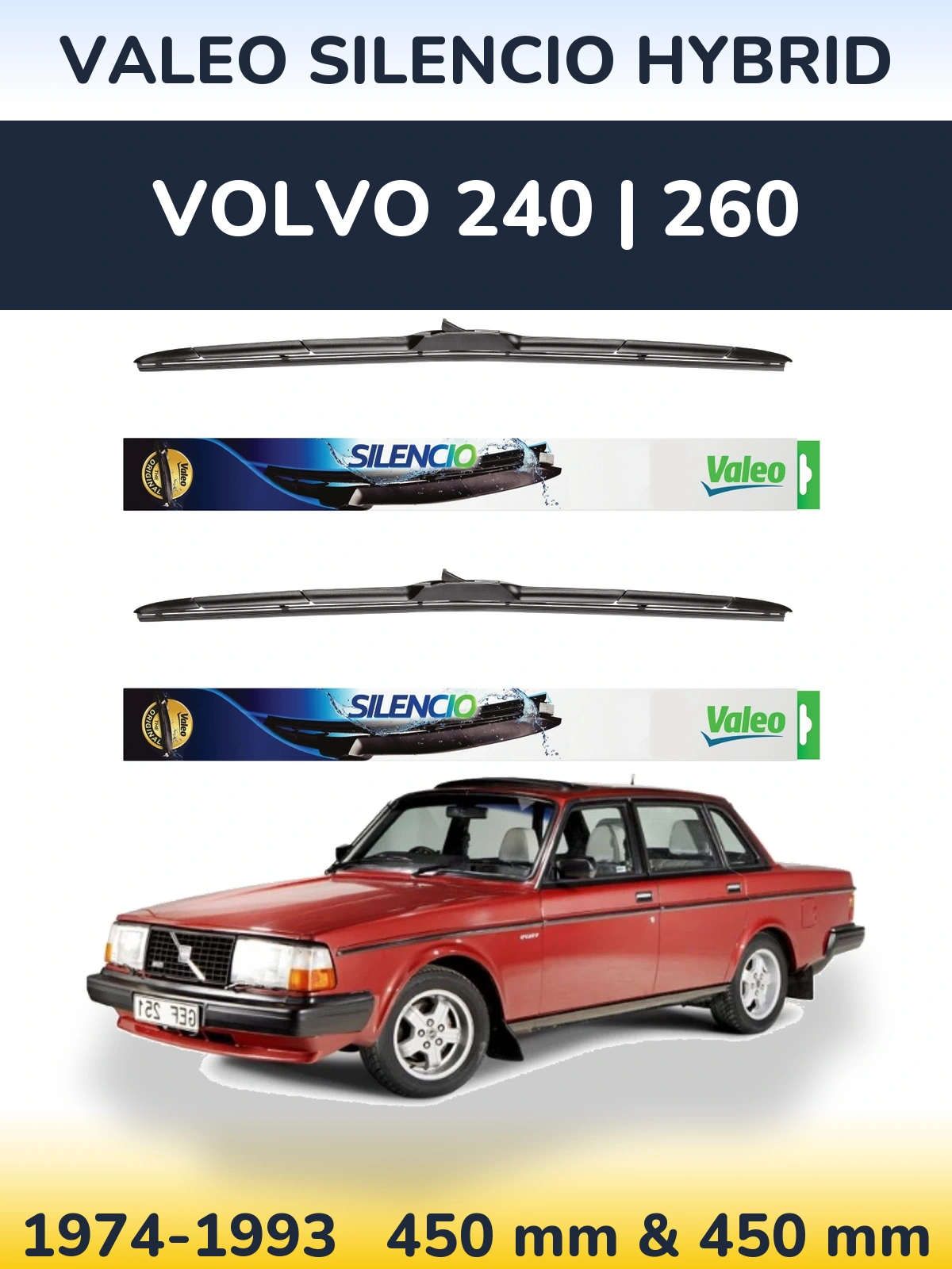 Front wiper blade set Valeo Silencio Hybrid 450 & 450 mm for Volvo 240 | 260 1974-1993