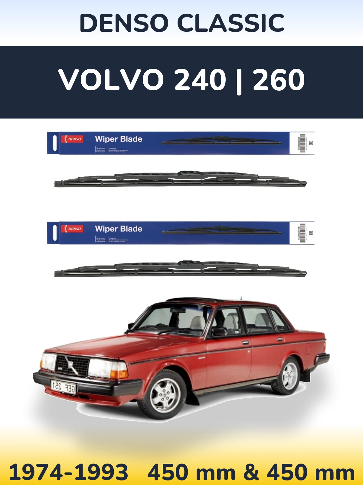 Komplet przednich wycieraczek Denso Classic 450 & 450 mm do Volvo 240 | 260 1974-1993