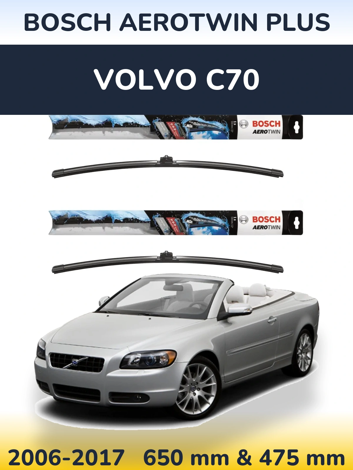 Front wiper blade set BOSCH AeroTwin Plus 650 & 475 mm for Volvo C70 2006-2017