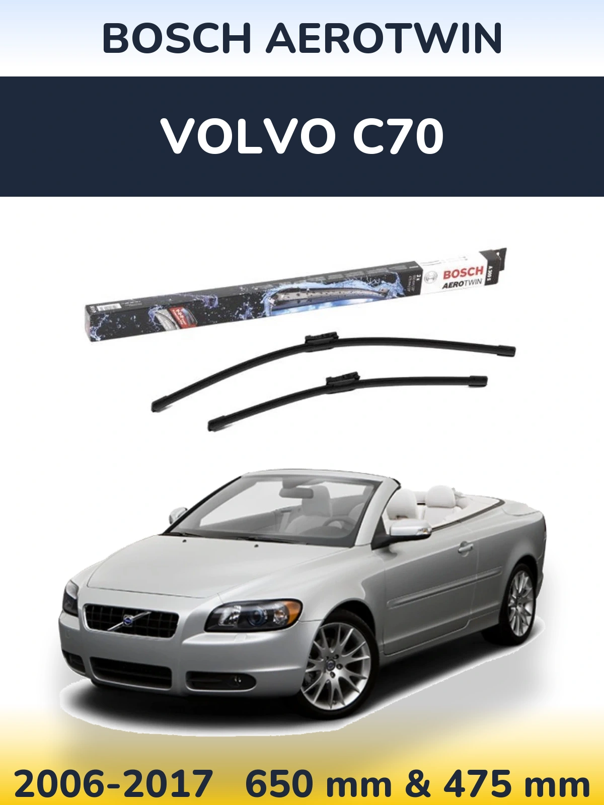 Front wiper blade set BOSCH AeroTwin 650 & 475 mm for Volvo C70 2006-2017