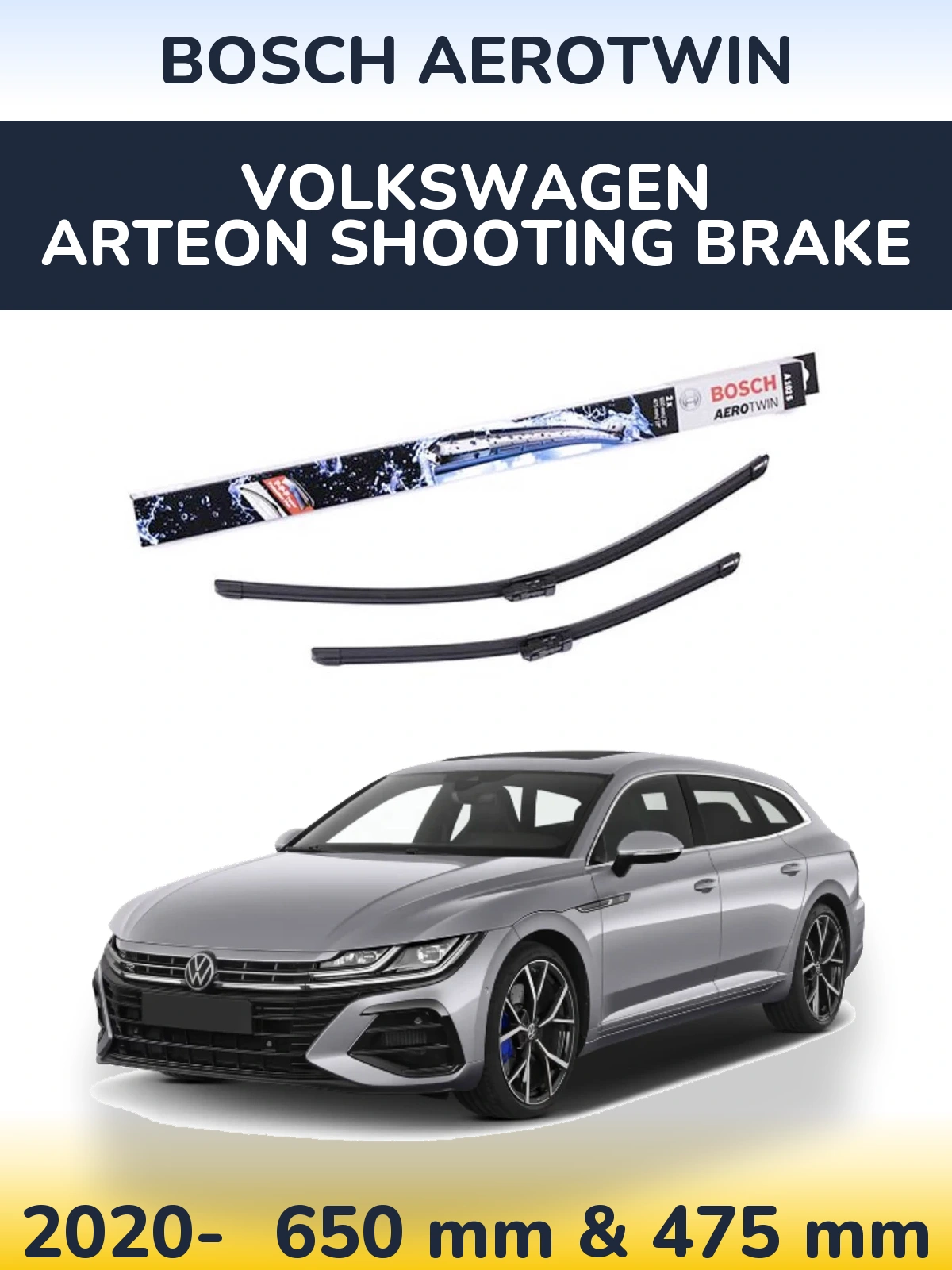Комплект передних дворников BOSCH AeroTwin 650 & 475 мм для Volkswagen Arteon Shooting Brake 2020-2026