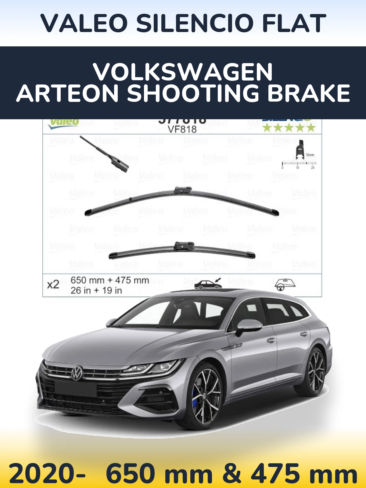 Комплект передних дворников Valeo Silencio Flat 650 & 475 мм для Volkswagen Arteon Shooting Brake 2020-2026