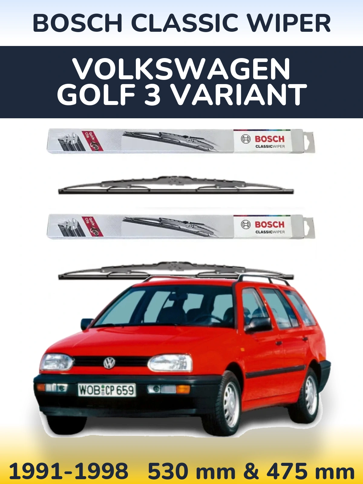 Komplet przednich wycieraczek BOSCH Classic Wiper 530 & 475 mm do Volkswagen Golf 3 Variant 1991-1998