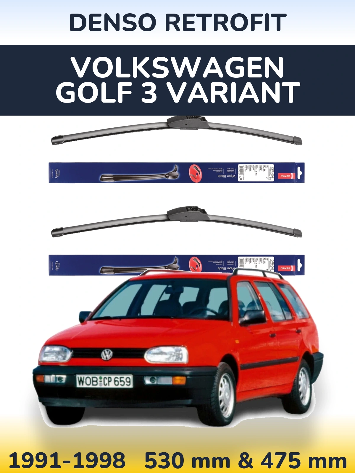Front wiper blade set Denso Retrofit 530 & 475 mm for Volkswagen Golf 3 Variant 1991-1998
