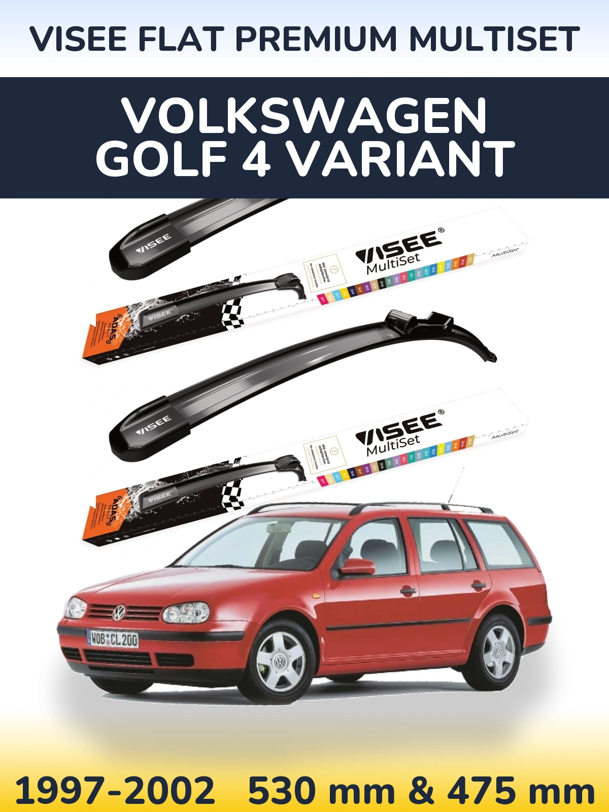 Komplet przednich wycieraczek VISEE FLAT PREMIUM MultiSet 530 & 475 mm do Volkswagen Golf 4 Variant 1997-2002