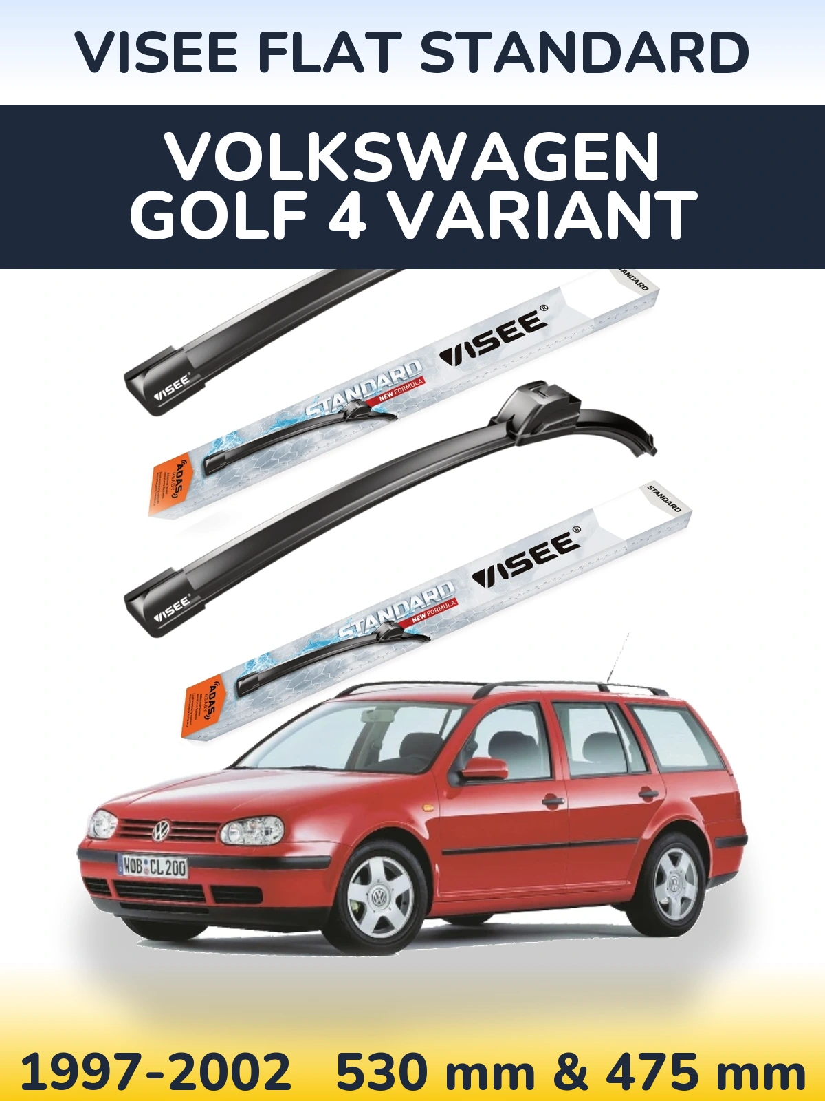 Комплект передніх щіток VISEE FLAT STANDARD 530 & 475 мм для Volkswagen Golf 4 Variant 1997-2002