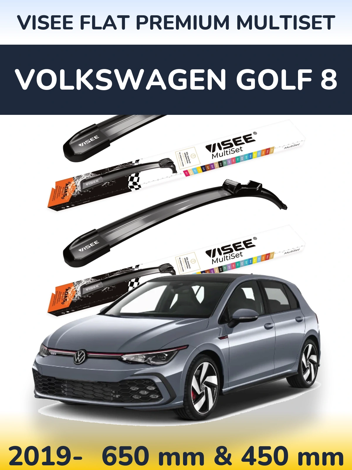Комплект передніх щіток VISEE FLAT PREMIUM MultiSet 650 & 450 мм для Volkswagen Golf 8 2019-2026
