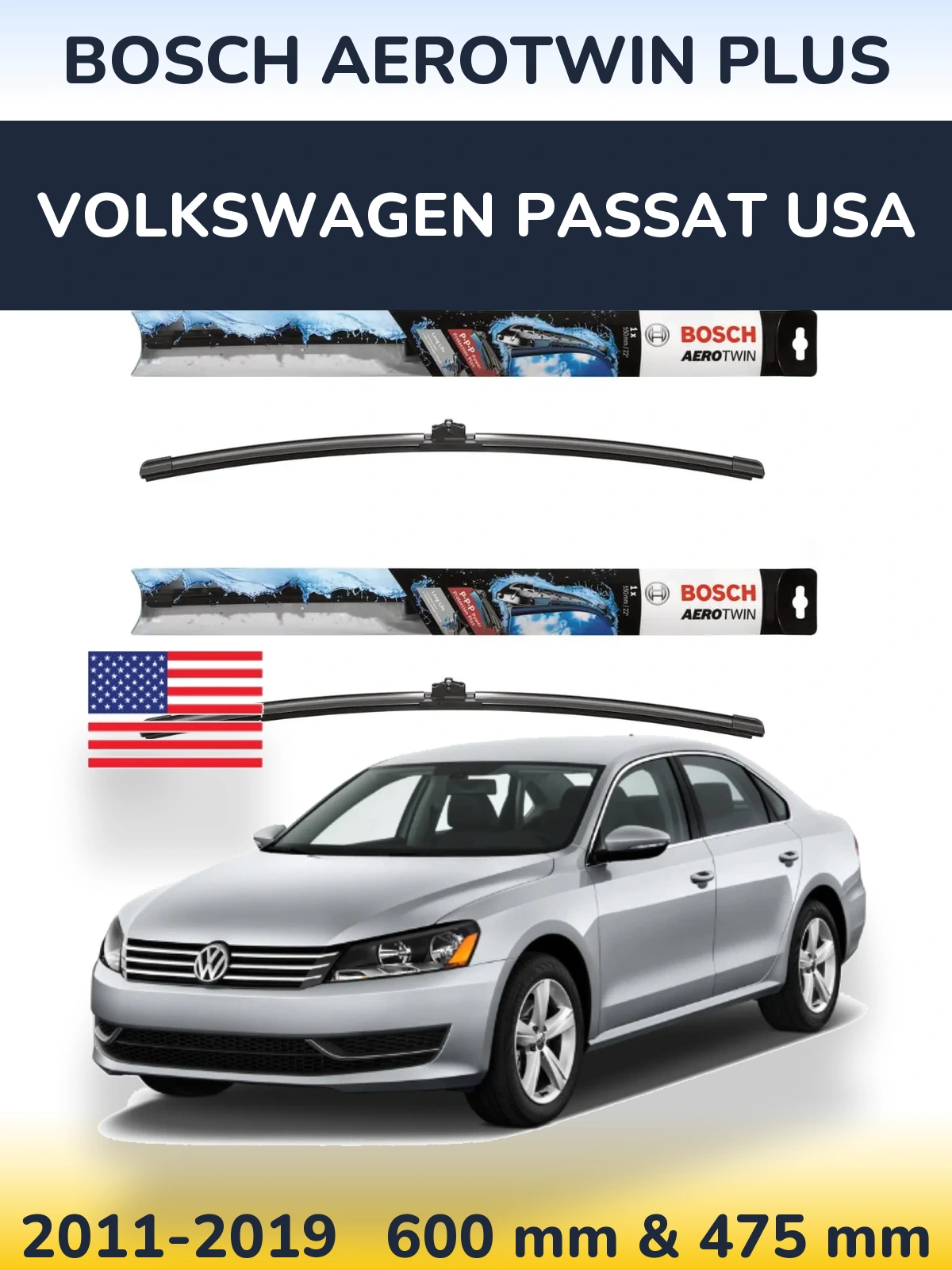 Komplet przednich wycieraczek BOSCH AeroTwin Plus 600 & 475 mm do Volkswagen Passat USA 2011-2019