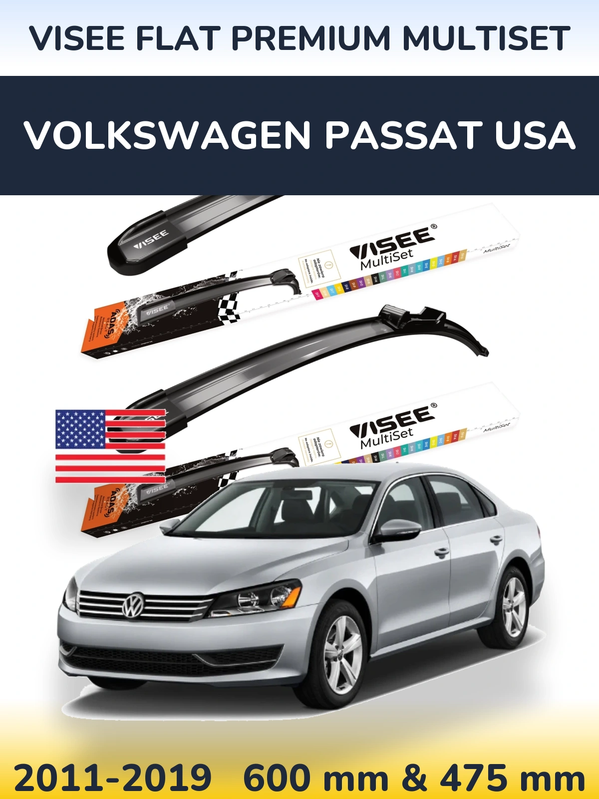 Komplet przednich wycieraczek VISEE FLAT PREMIUM MultiSet 600 & 475 mm do Volkswagen Passat USA 2011-2019