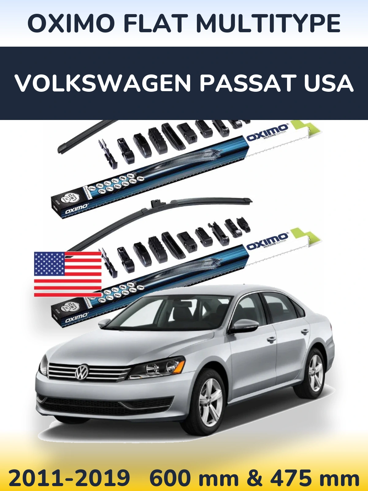 Komplet przednich wycieraczek Oximo Flat MultiType 600 & 475 mm do Volkswagen Passat USA 2011-2019