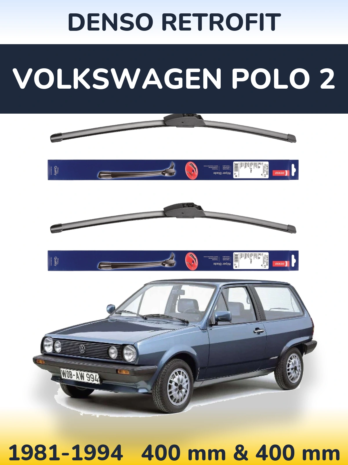Front wiper blade set Denso Retrofit 400 & 400 mm for Volkswagen Polo 2 1981-1994
