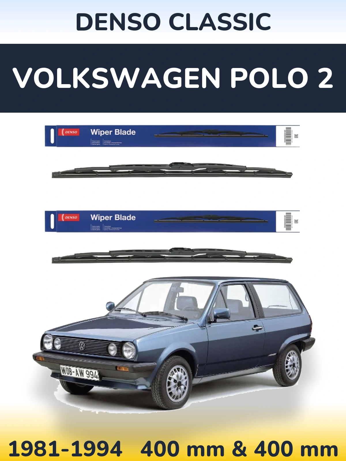 Front wiper blade set Denso Classic 400 & 400 mm for Volkswagen Polo 2 1981-1994