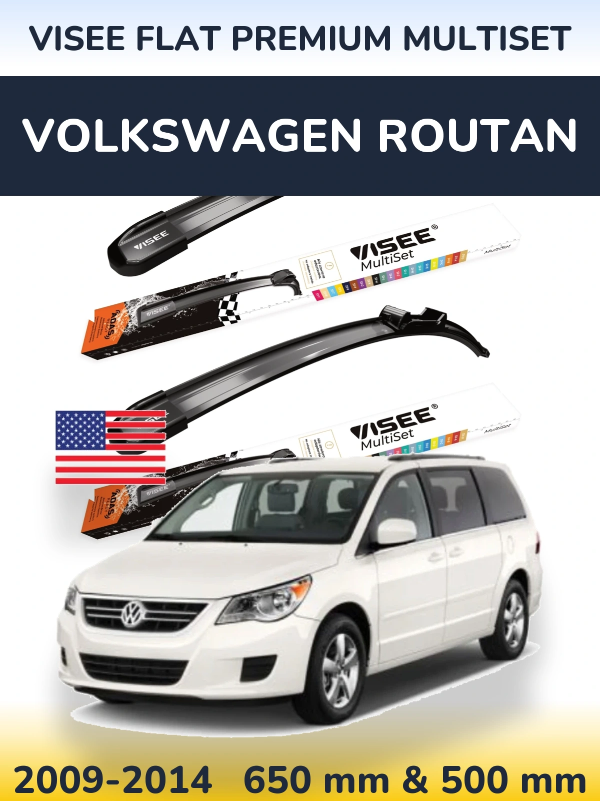 Комплект передних дворников VISEE FLAT PREMIUM MultiSet 650 & 500 мм для Volkswagen Routan 2009-2014