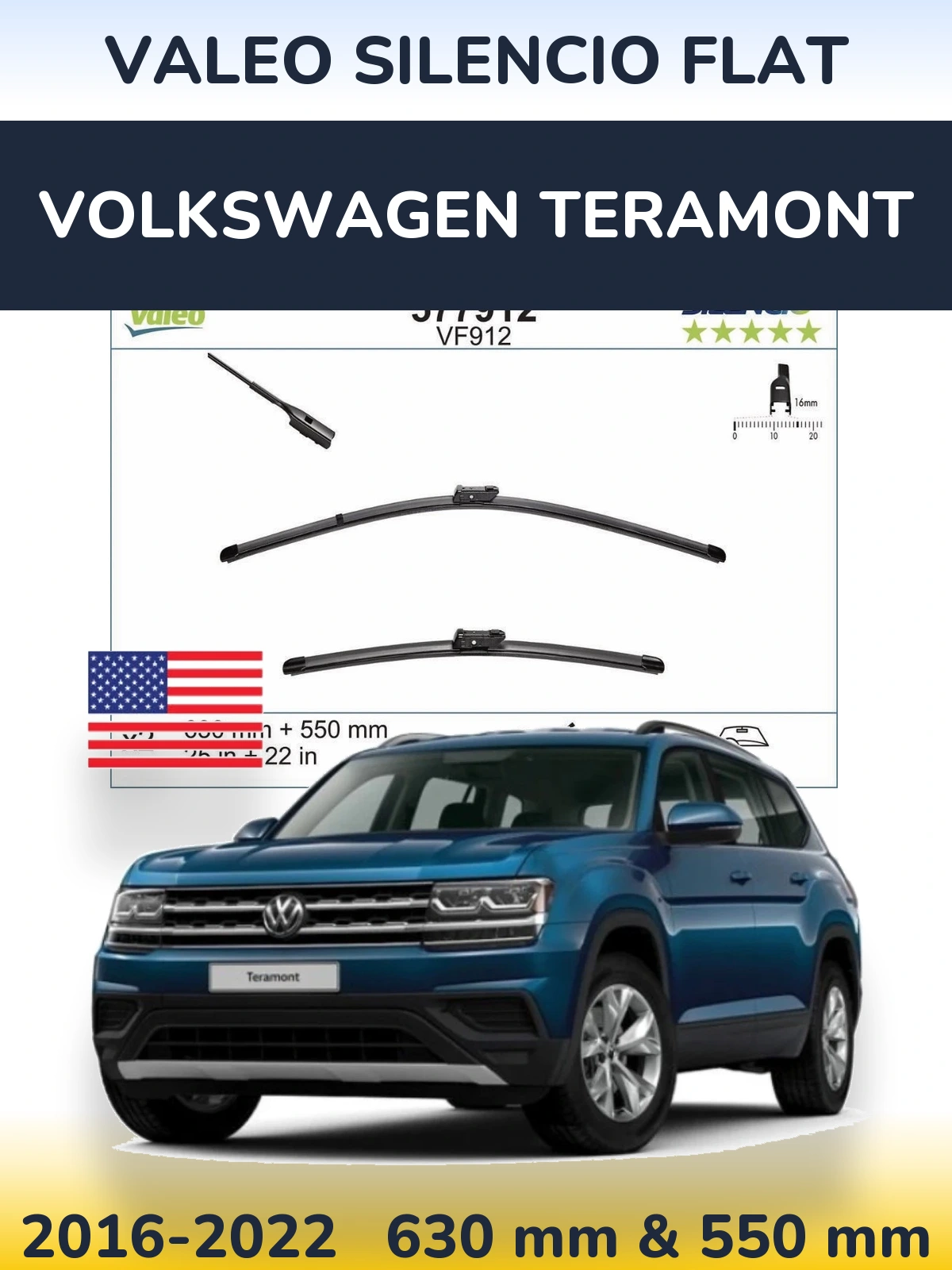 Front wiper blade set Valeo Silencio Flat 630 & 550 mm for Volkswagen Teramont 2016-2022
