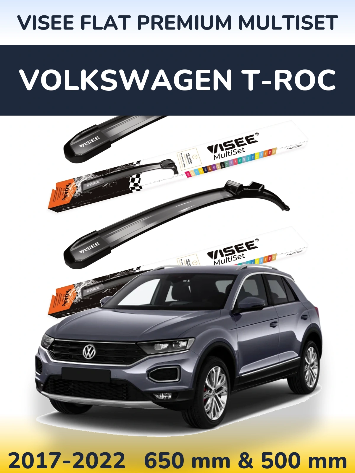 Комплект передніх щіток VISEE FLAT PREMIUM MultiSet 650 & 500 мм для Volkswagen T-Roc 2017-2022