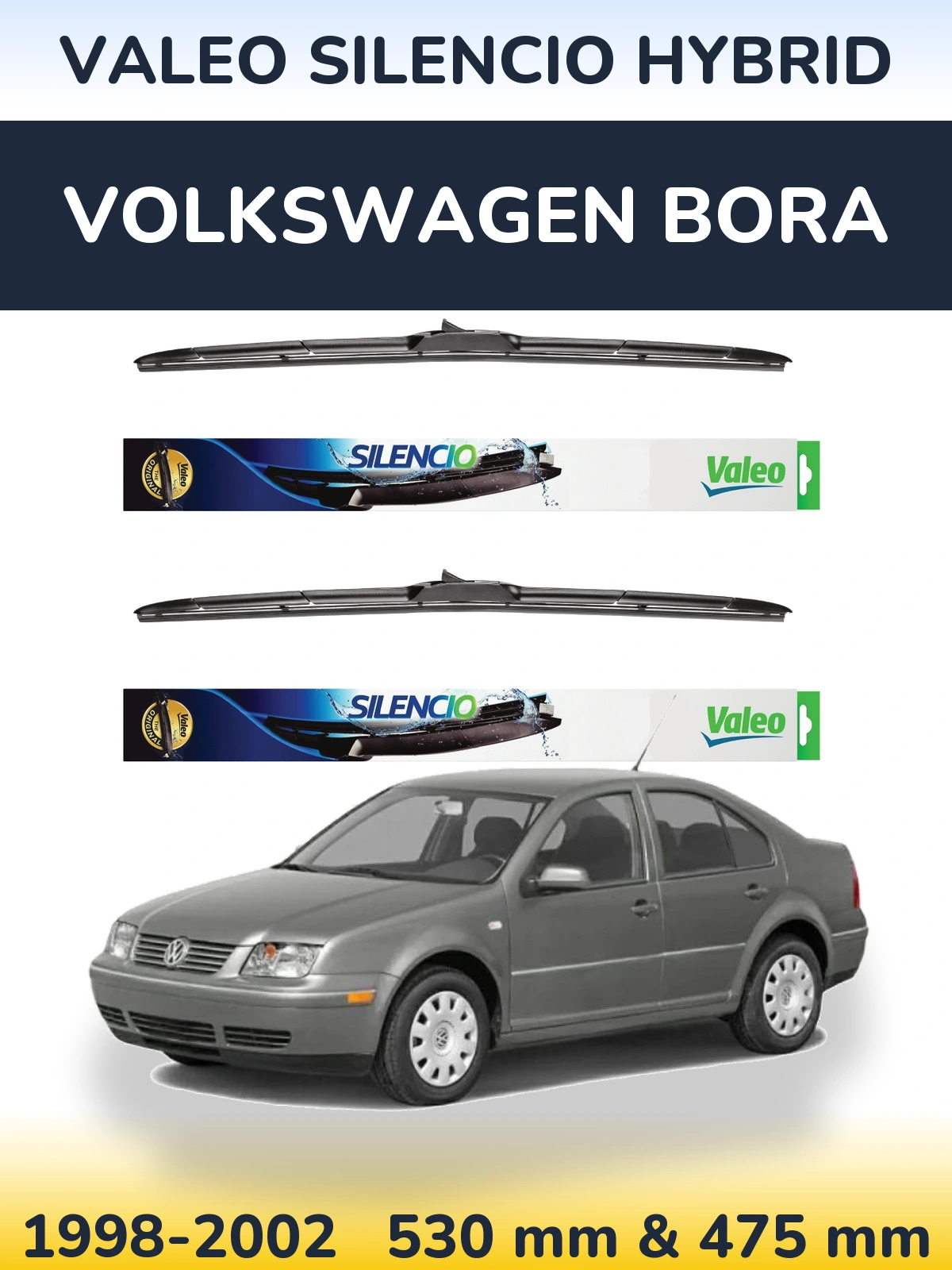 Front wiper blade set Valeo Silencio Hybrid 530 & 475 mm for Volkswagen Bora 1998-2002