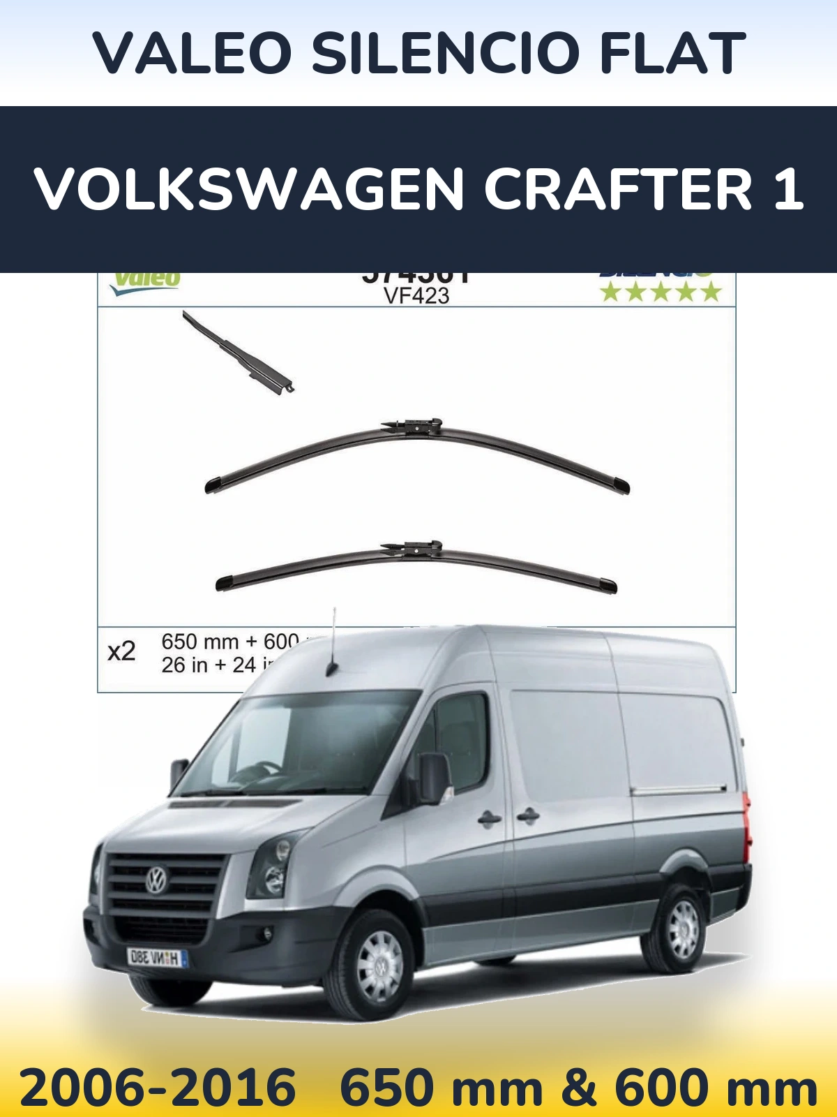 Front wiper blade set Valeo Silencio Flat 650 & 600 mm for Volkswagen Crafter 1 2006-2016