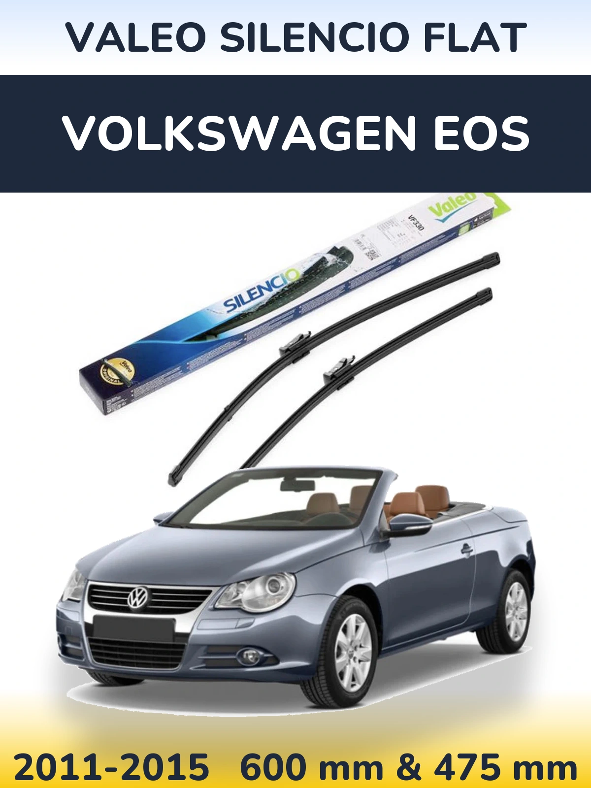 Front wiper blade set Valeo Silencio Flat 600 & 475 mm for Volkswagen EOS 2011-2015