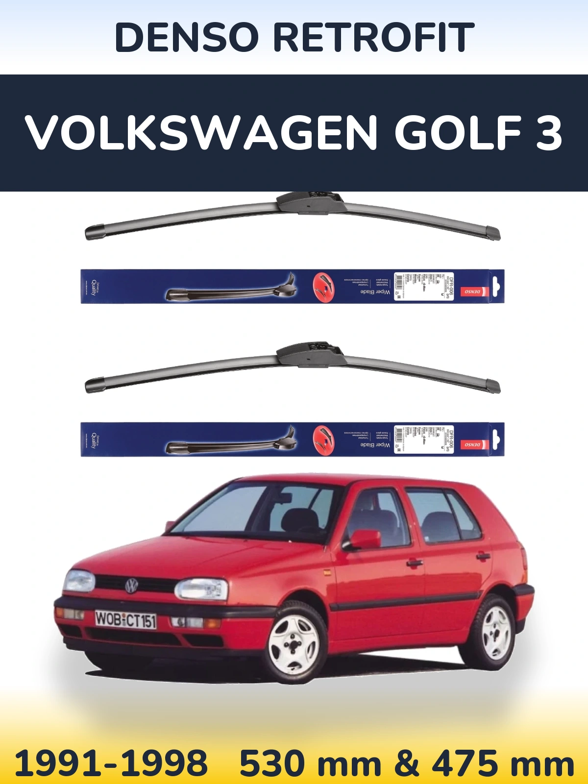 Front wiper blade set Denso Retrofit 530 & 475 mm for Volkswagen Golf 3 1991-1998