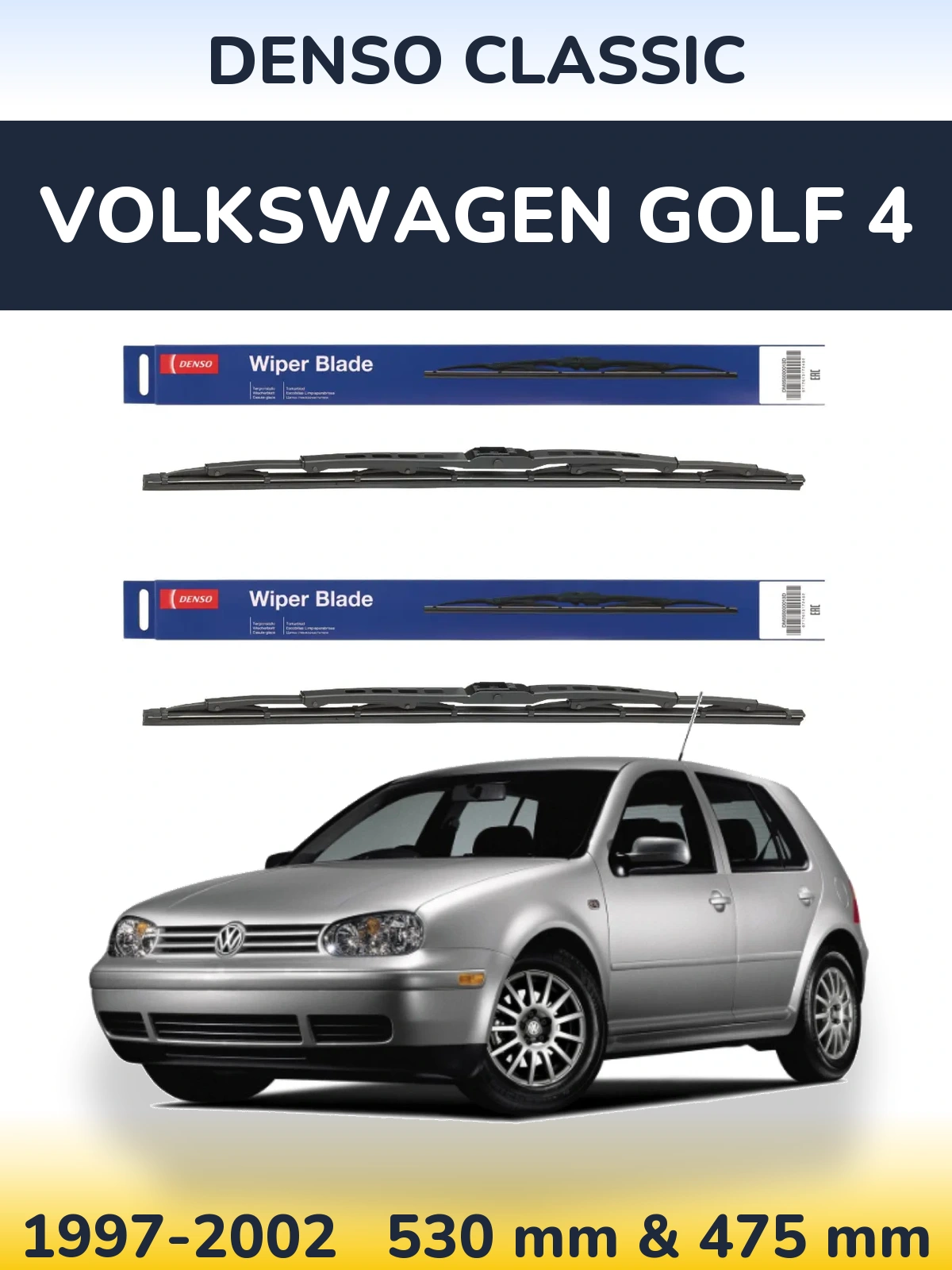 Front wiper blade set Denso Classic 530 & 475 mm for Volkswagen Golf 4 1997-2002