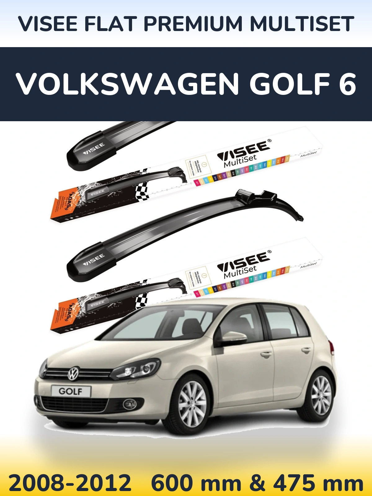 Komplet przednich wycieraczek VISEE FLAT PREMIUM MultiSet 600 & 475 mm do Volkswagen Golf 6 2008-2012