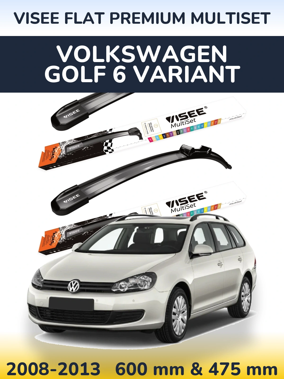 Komplet przednich wycieraczek VISEE FLAT PREMIUM MultiSet 600 & 475 mm do Volkswagen Golf 6 Variant 2008-2013