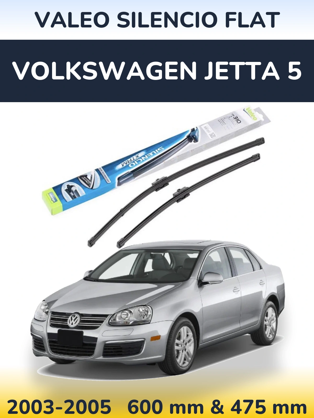 Front wiper blade set Valeo Silencio Flat 600 & 475 mm for Volkswagen Jetta 5 2003-2005