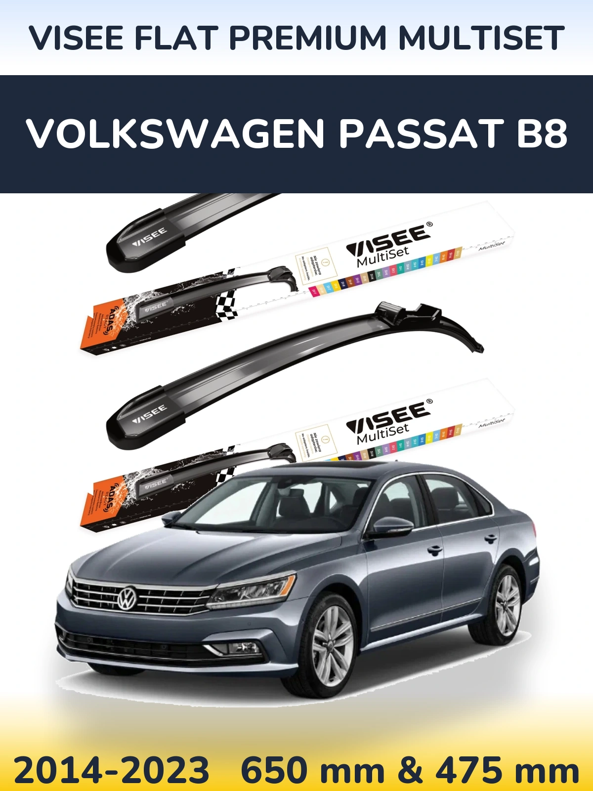Komplet przednich wycieraczek VISEE FLAT PREMIUM MultiSet 650 & 475 mm do Volkswagen Passat B8 2014-2023