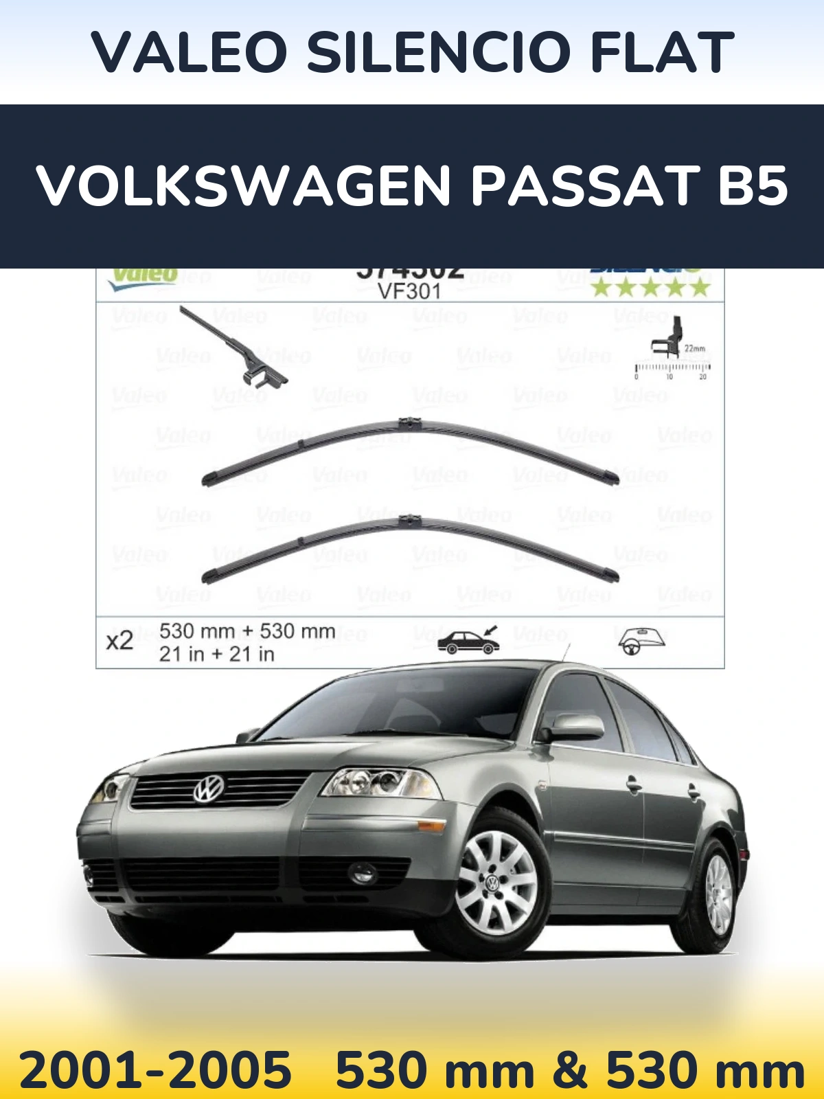 Комплект передних дворников Valeo Silencio Flat 530 & 530 мм для Volkswagen Passat B5 2001-2005