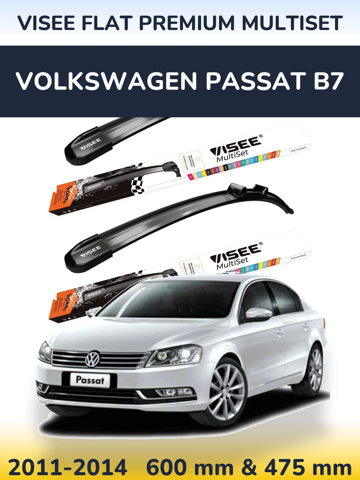 Komplet przednich wycieraczek VISEE FLAT PREMIUM MultiSet 600 & 475 mm do Volkswagen Passat B7 2011-2014