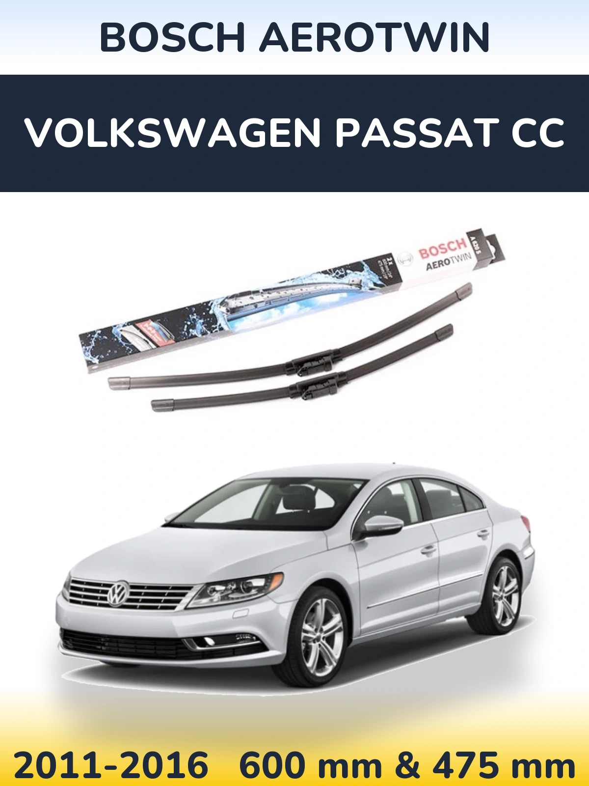 Комплект передніх щіток BOSCH AeroTwin 600 & 475 мм для Volkswagen Passat CC 2011-2016