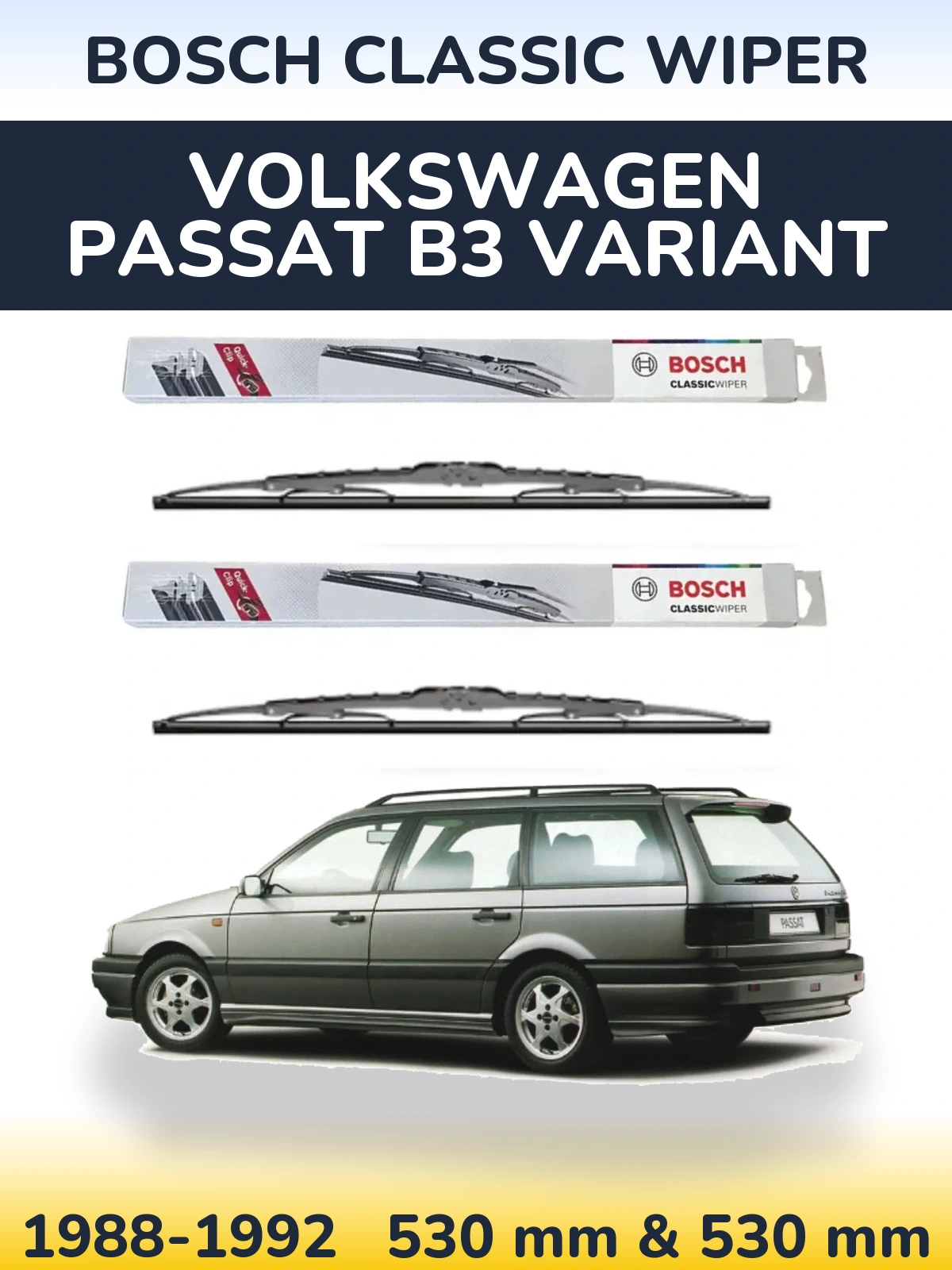 Комплект передніх щіток BOSCH Classic Wiper 530 & 530 мм для Volkswagen Passat B3 Variant 1988-1992