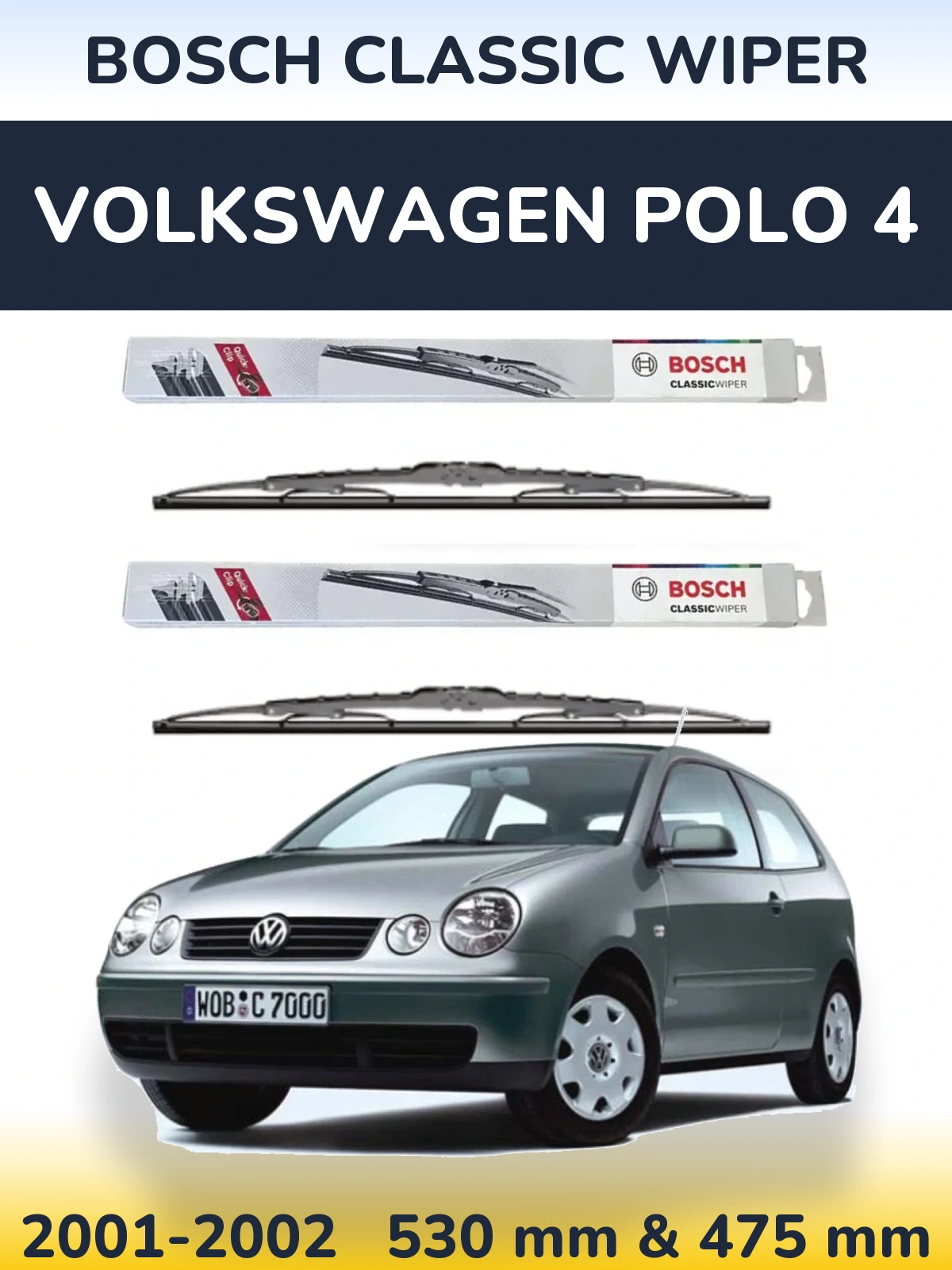 Front wiper blade set BOSCH Classic Wiper 530 & 475 mm for Volkswagen Polo 4 2001-2002