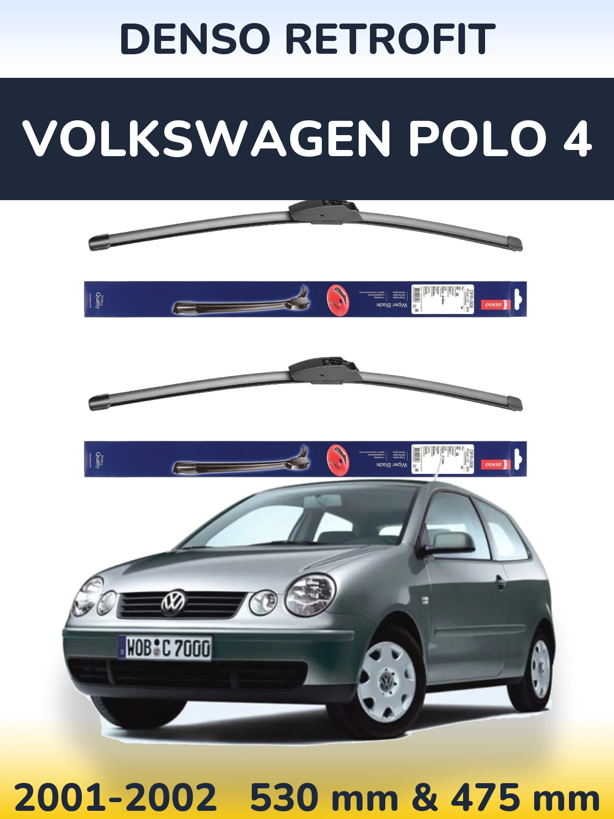 Front wiper blade set Denso Retrofit 530 & 475 mm for Volkswagen Polo 4 2001-2002