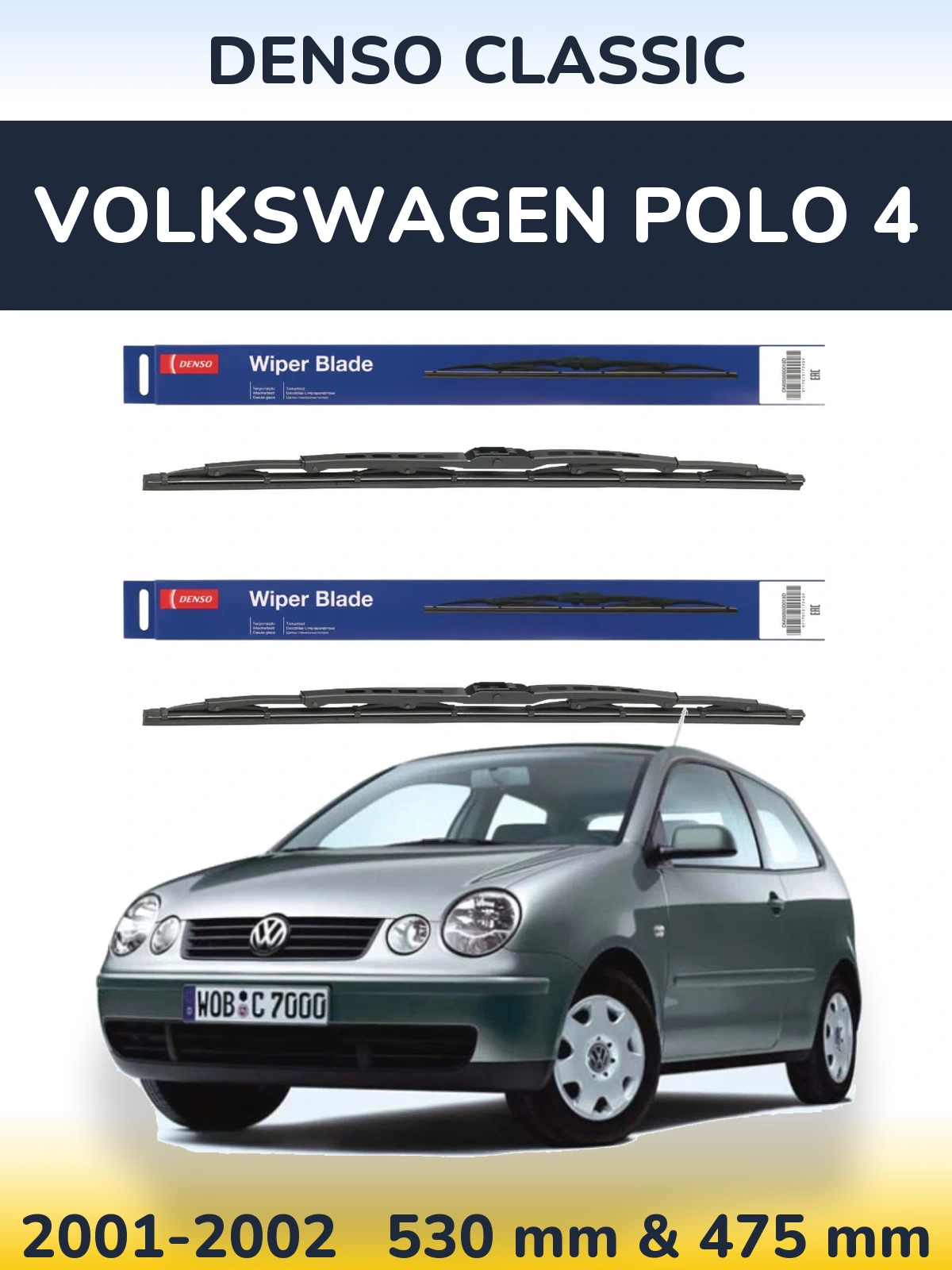 Front wiper blade set Denso Classic 530 & 475 mm for Volkswagen Polo 4 2001-2002