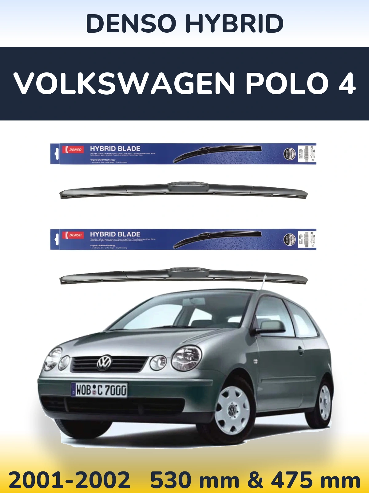 Front wiper blade set Denso Hybrid 530 & 475 mm for Volkswagen Polo 4 2001-2002