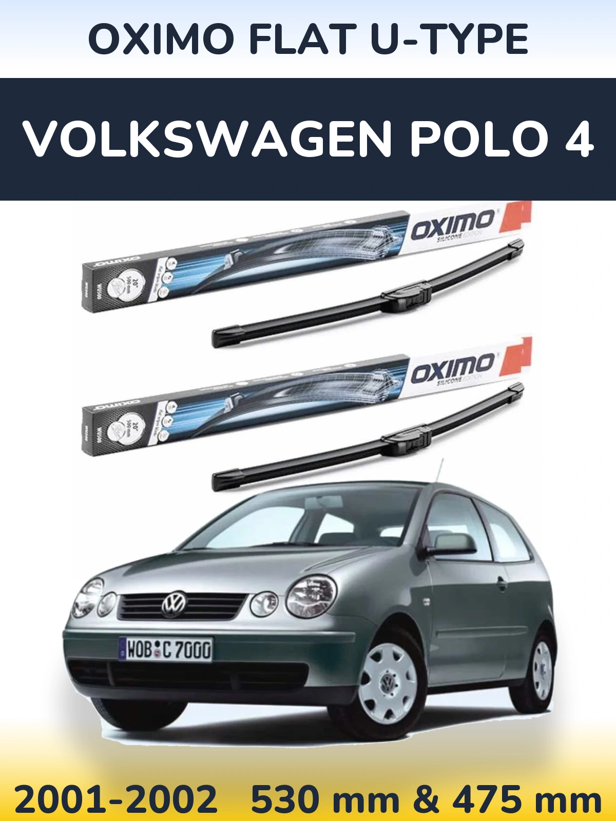 Front wiper blade set Oximo Flat U-type 530 & 475 mm for Volkswagen Polo 4 2001-2002