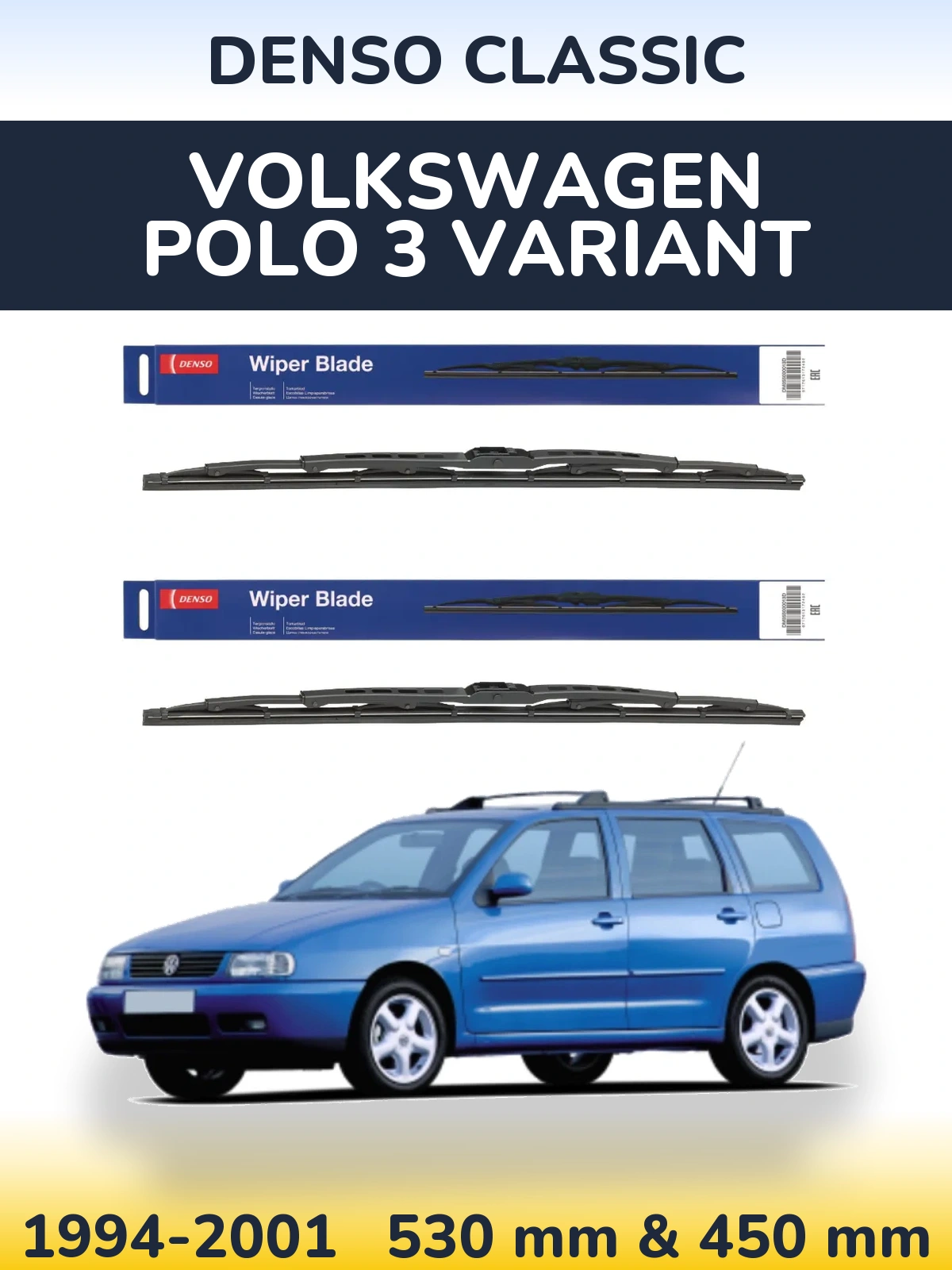 Front wiper blade set Denso Classic 530 & 450 mm for Volkswagen Polo 3 Variant 1994-2001
