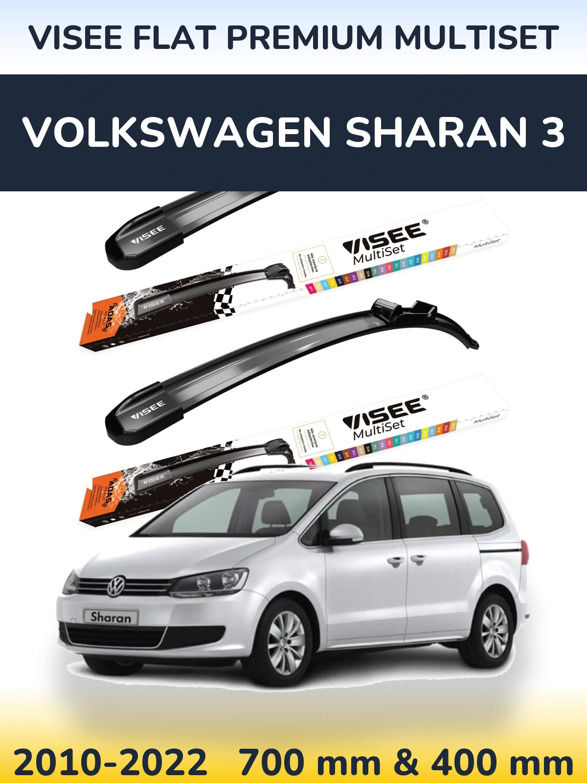 Front wiper blade set VISEE FLAT PREMIUM MultiSet 700 & 400 mm for Volkswagen Sharan 3 2010-2022