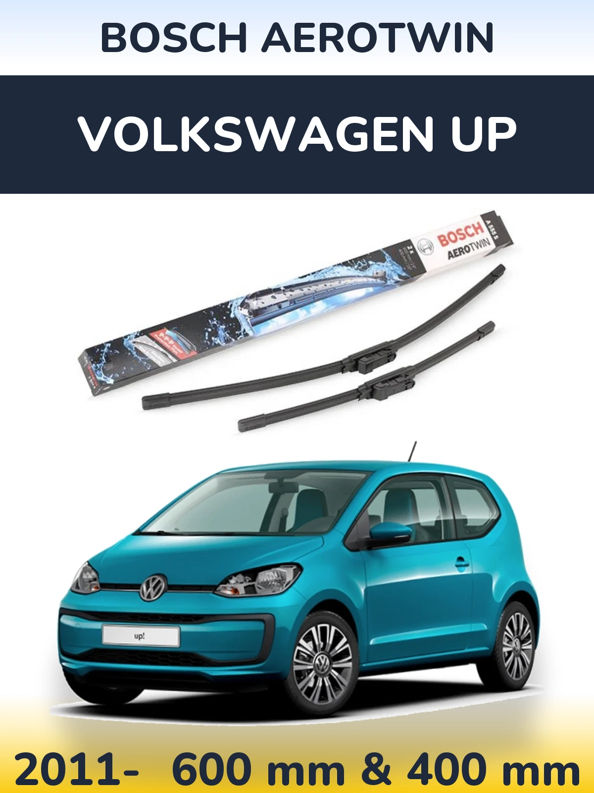 Front wiper blade set BOSCH AeroTwin 600 & 400 mm for Volkswagen Up 2011-2026