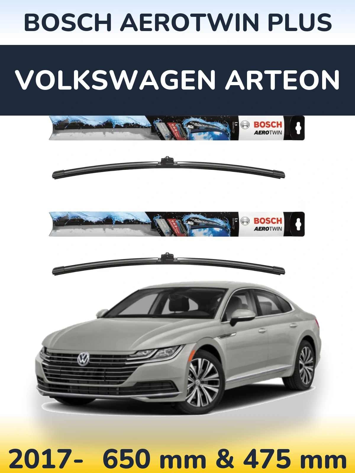 Комплект передних дворников BOSCH AeroTwin Plus 650 & 475 мм для Volkswagen Arteon 2017-2026