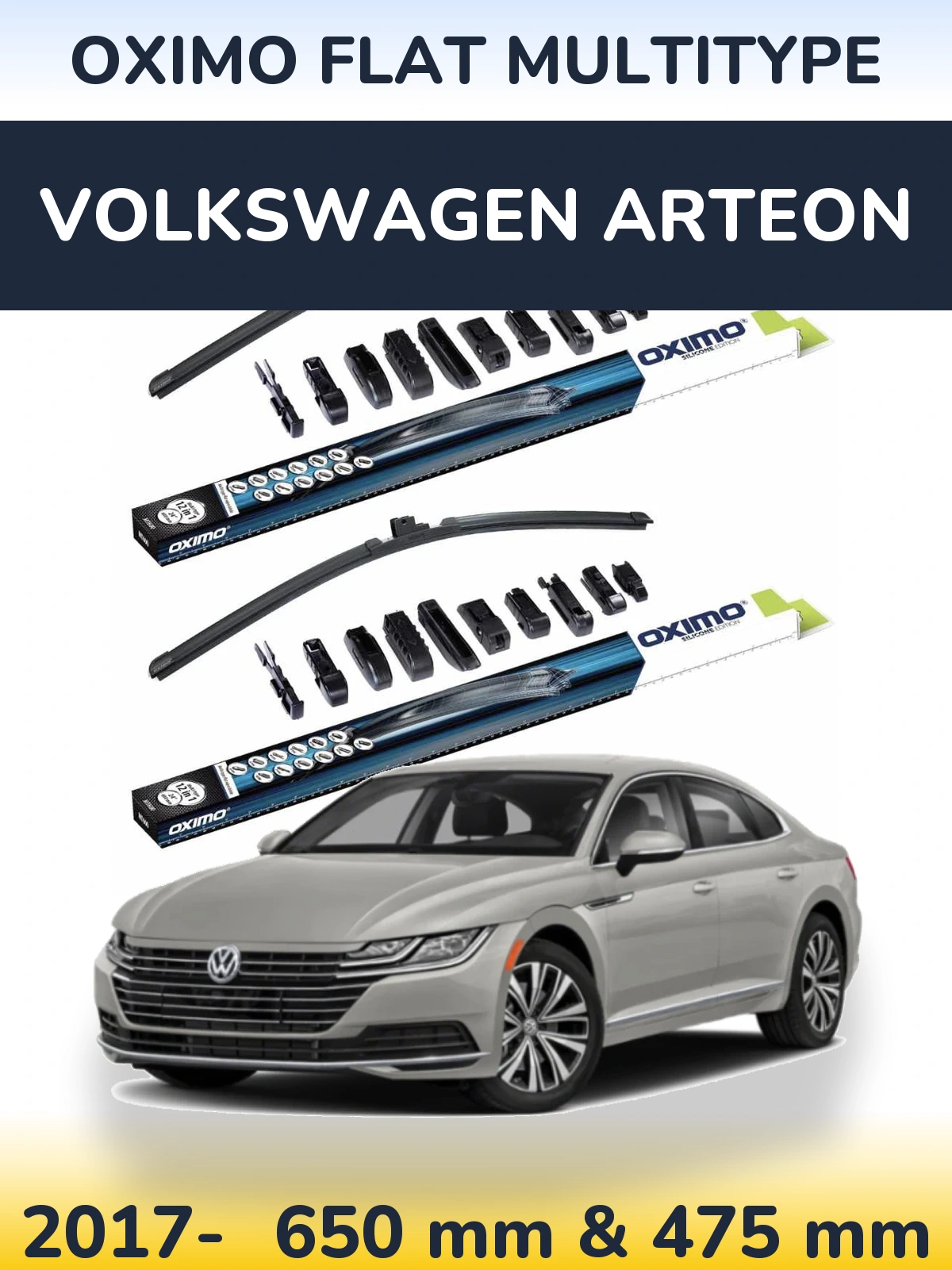 Комплект передних дворников Oximo Flat MultiТипe 650 & 475 мм для Volkswagen Arteon 2017-2026