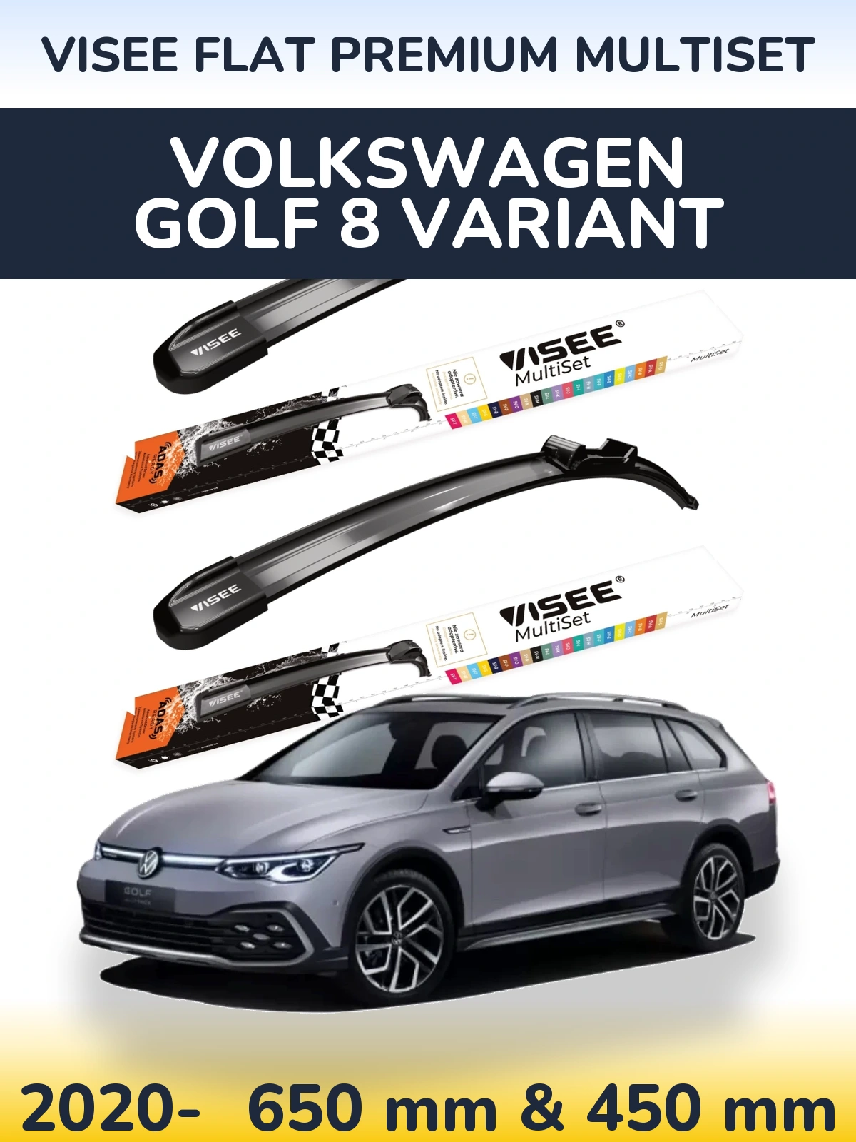 Комплект передніх щіток VISEE FLAT PREMIUM MultiSet 650 & 450 мм для Volkswagen Golf 8 Variant 2020-2026