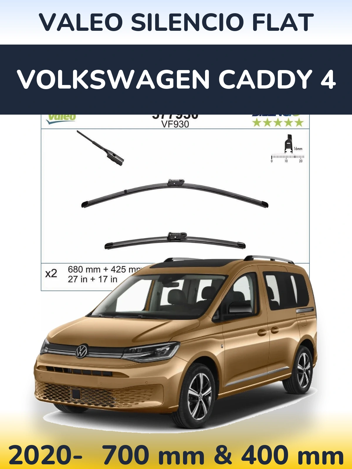Комплект передніх щіток Valeo Silencio Flat 680 & 400 мм для Volkswagen Caddy 4 2020-2026
