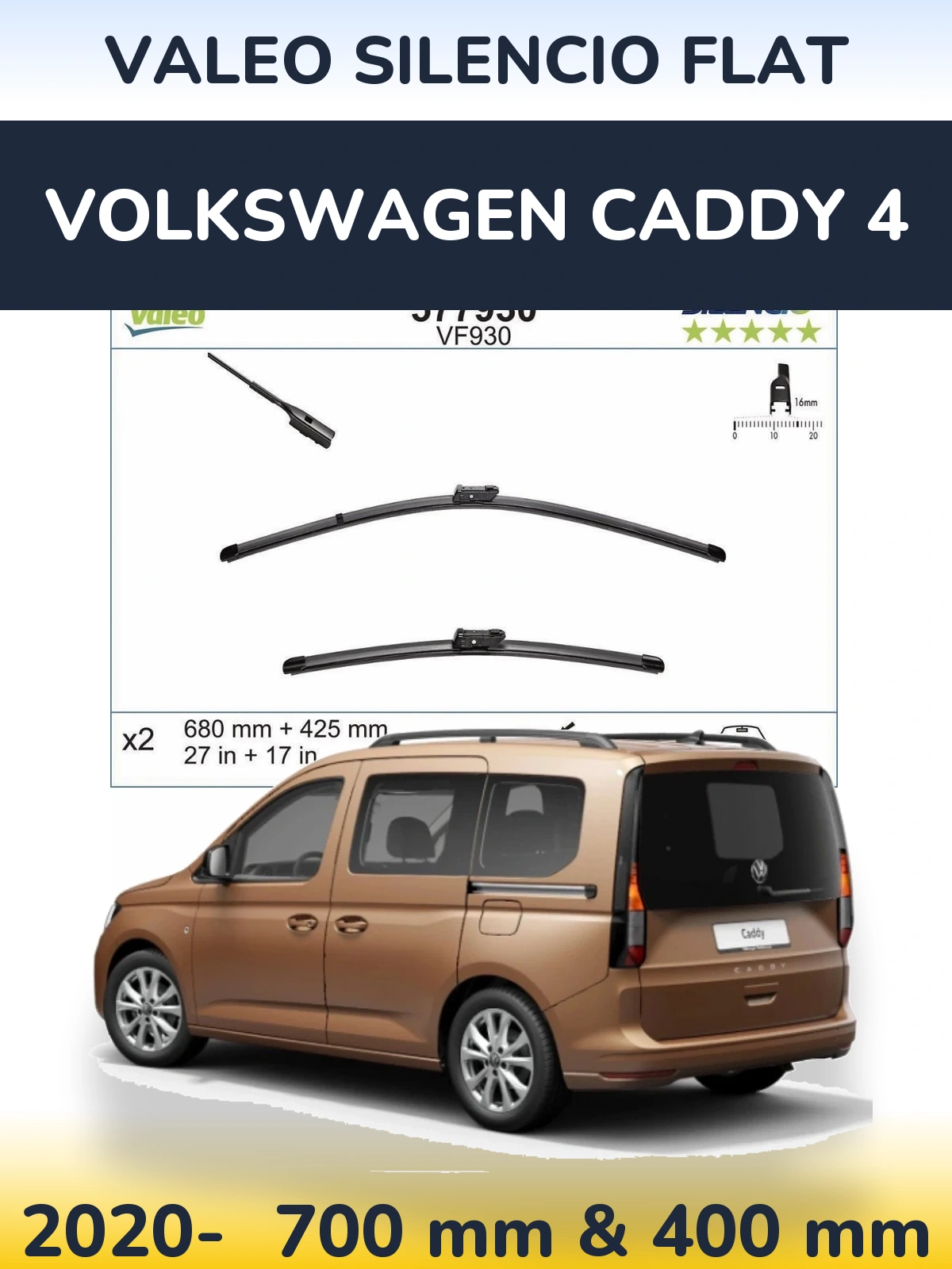 Front wiper blade set Valeo Silencio Flat 680 & 400 mm for Volkswagen Caddy 4 2020-2026