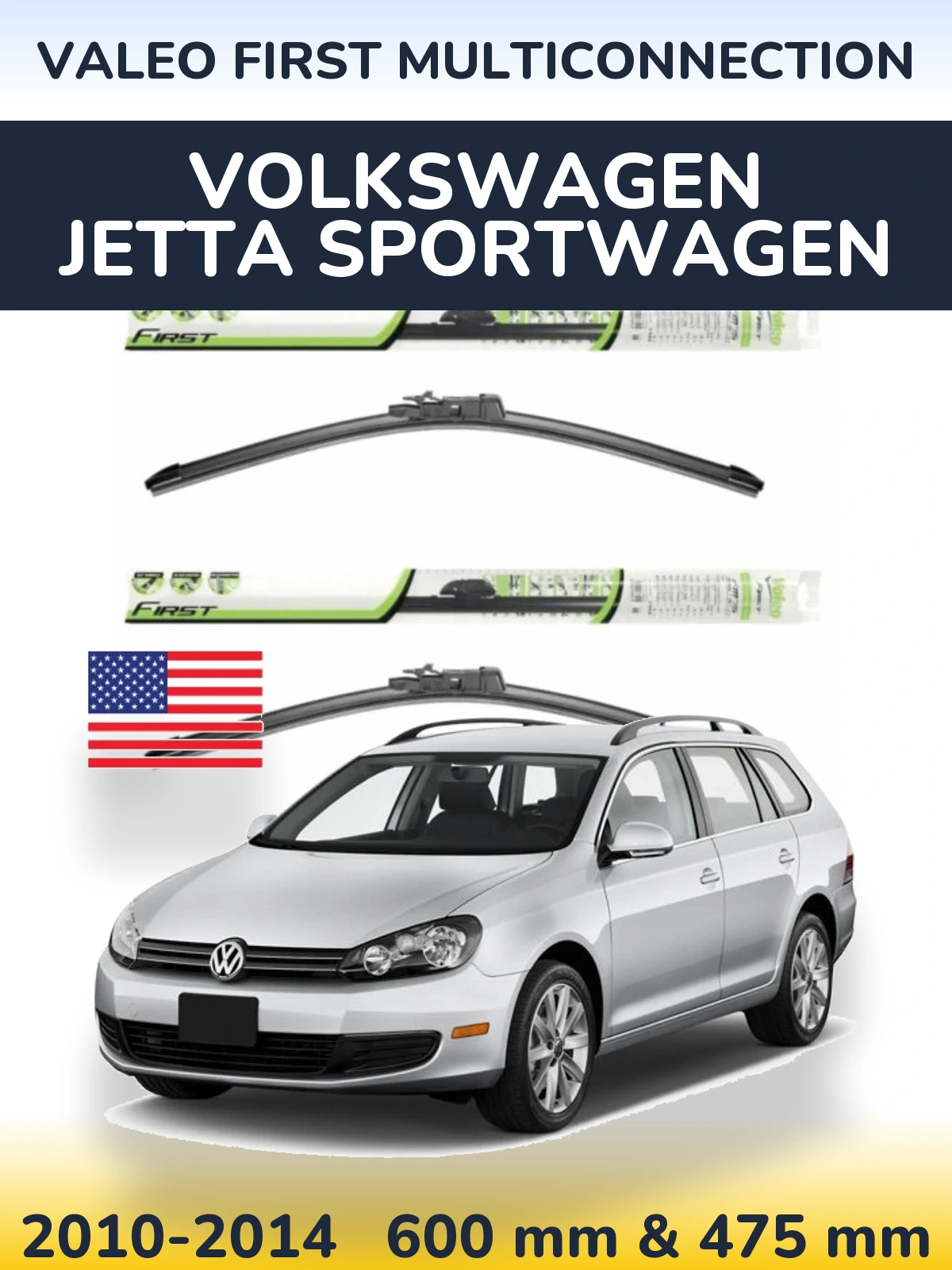 Front wiper blade set Valeo First MultiConnection 600 & 475 mm for Volkswagen Jetta SportWagen 2010-2014