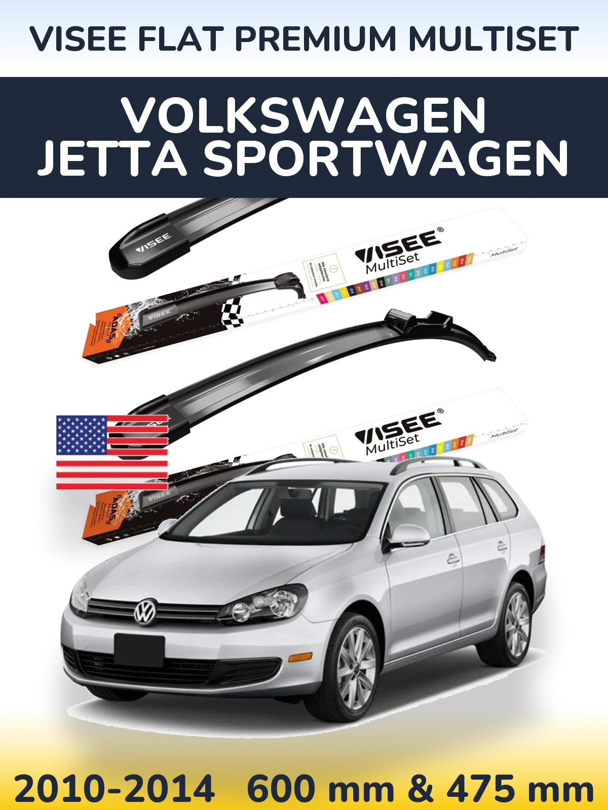 Komplet przednich wycieraczek VISEE FLAT PREMIUM MultiSet 600 & 475 mm do Volkswagen Jetta SportWagen 2010-2014